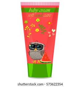 High quality original trendy vector watermelon Baby cream tube with kids design and owl on floral background illustration