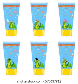 High quality original trendy vector mint Baby cream tube with kids design and crocodile or alligator on floral background illustration