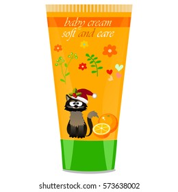 High quality original trendy vector Baby cream tube with kids design and cat, orange illustration