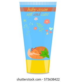 High quality original trendy vector mint Baby cream tube with kids design and fox on floral background illustration