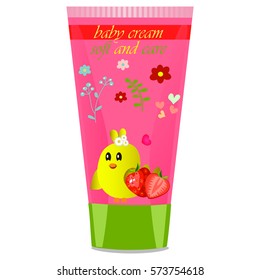 High quality original trendy vector Baby cream tube with kids design and bird, strawberry illustration
