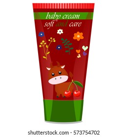 High quality original trendy vector Baby cream tube with kids design and bull illustration
