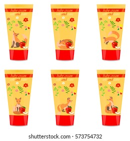 High quality original trendy vector apple Baby cream tube with kids design and fox on floral background illustration