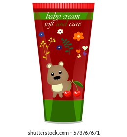 High quality original trendy vector Baby cream tube with kids design and bear illustration