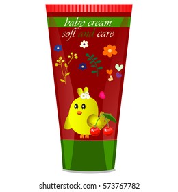 High quality original trendy vector Baby cream tube with kids design and bird, cherry illustration