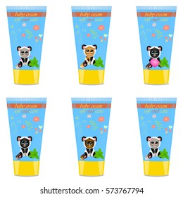 High quality original trendy vector Baby cream tube with kids design and cat in panda suit, mint illustration