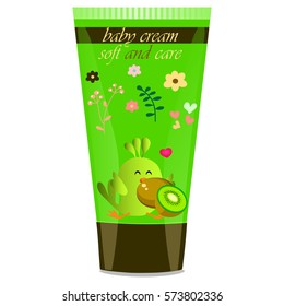 High quality original trendy vector Baby cream tube with kids design and bird, kiwi illustration