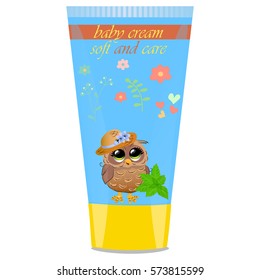 High quality original trendy vector mint Baby cream tube with kids design and owl on floral background illustration