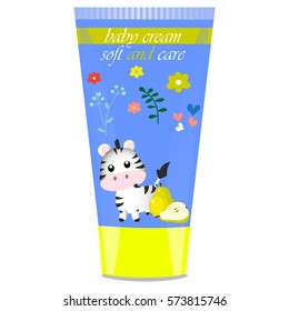 High quality original trendy vector Baby cream tube with kids design and zebra illustration