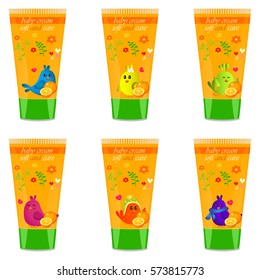 High quality original trendy vector Baby cream tube with kids design and bird, orange illustration