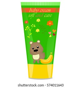High quality original trendy vector Baby cream tube with kids design and bear illustration