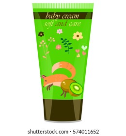 High quality original trendy vector kiwi Baby cream tube with kids design and fox on floral background illustration