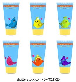 High quality original trendy vector Baby cream tube with kids design and bird illustration