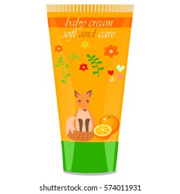 High quality original trendy vector orange Baby cream tube with kids design and fox on floral background illustration