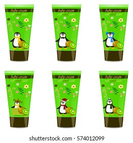 High quality original trendy vector Baby cream tube with kids design and penguin, kiwi illustration