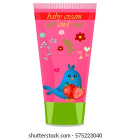 High quality original trendy vector Baby cream tube with kids design and bird, strawberry illustration