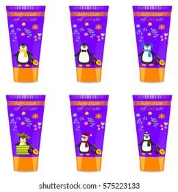 High quality original trendy vector Baby cream tube with kids design and penguin, plum illustration