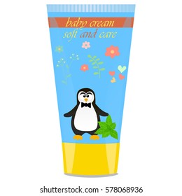 High quality original trendy vector Baby cream tube with kids design and penguin, mint illustration