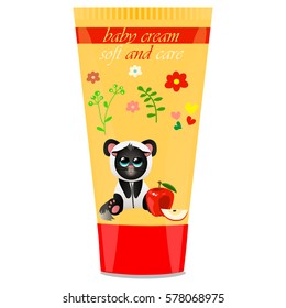 High quality original trendy vector Baby cream tube with kids design and cat in panda suit, apple illustration