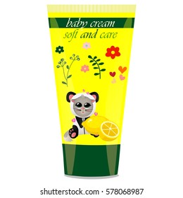 High quality original trendy vector Baby cream tube with kids design and cat in panda suit, lemon illustration