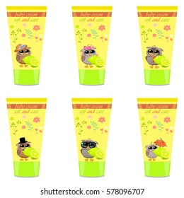 High quality original trendy vector lime Baby cream tube with kids design and owl on floral background illustration