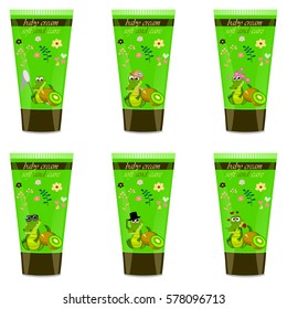 High quality original trendy vector kiwi Baby cream tube with kids design and crocodile or alligator on floral background illustration