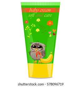 High quality original trendy vector banana Baby cream tube with kids design and owl on floral background illustration