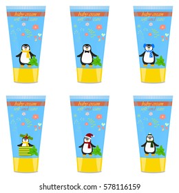 High quality original trendy vector Baby cream tube with kids design and penguin,mint illustration
