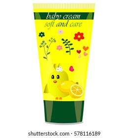High quality original trendy vector Baby cream tube with kids design and bird, lemon illustration