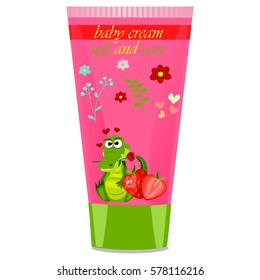 High quality original trendy vector strawberry Baby cream tube with kids design and crocodile or alligator on floral background illustration