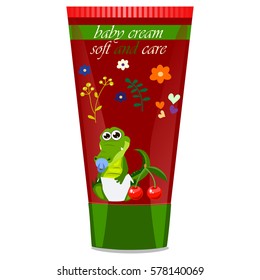 High quality original trendy vector cherry Baby cream tube with kids design and crocodile or alligator on floral background illustration