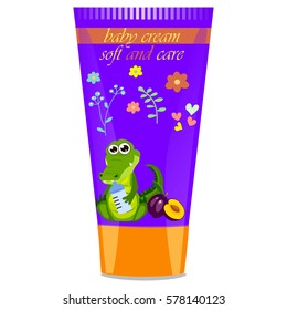 High quality original trendy vector plum Baby cream tube with kids design and crocodile or alligator on floral background illustration