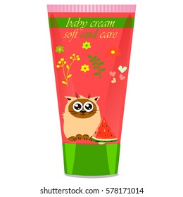 High quality original trendy vector Baby cream tube with kids design and cat, watermelon illustration