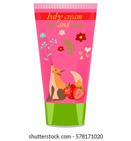 High quality original trendy vector strawberry Baby cream tube with kids design and fox on floral background illustration