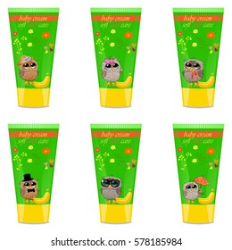 High quality original trendy vector banana Baby cream tube with kids design and owl on floral background illustration