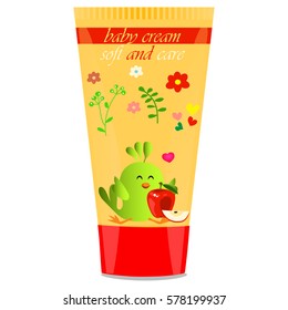 High quality original trendy vector Baby cream tube with kids design and bird, apple illustration