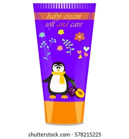 High quality original trendy vector Baby cream tube with kids design and penguin, plum illustration