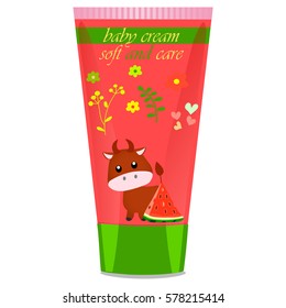 High quality original trendy vector Baby cream tube with kids design and bull illustration
