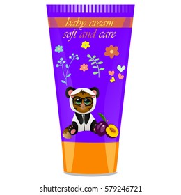 High quality original trendy vector Baby cream tube with kids design and cat in panda suit, plum illustration