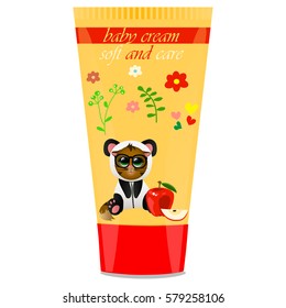 High quality original trendy vector Baby cream tube with kids design and cat in panda suit, apple illustration