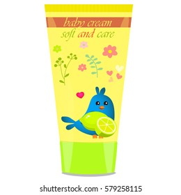 High quality original trendy vector Baby cream tube with kids design and bird, lime illustration