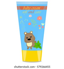 High quality original trendy vector Baby cream tube with kids design and bear illustration