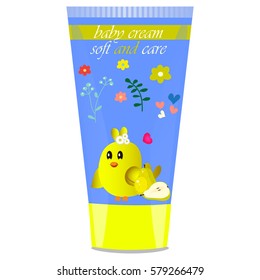 High quality original trendy vector Baby cream tube with kids design and bird, pear illustration
