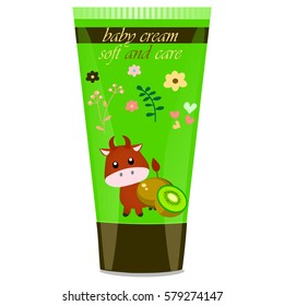 High quality original trendy vector Baby cream tube with kids design and bull illustration