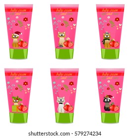 High quality original trendy vector Baby cream tube with kids design and cat, strawberry illustration