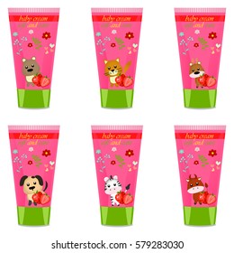 High quality original trendy vector Baby cream tube with kids design and dog illustration