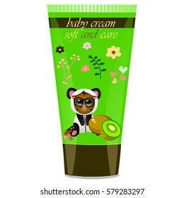 High quality original trendy vector Baby cream tube with kids design and cat in panda suit, kiwi illustration
