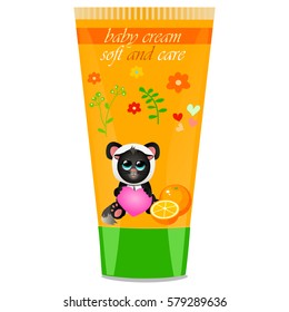 High quality original trendy vector Baby cream tube with kids design and cat in panda suit, orange illustration