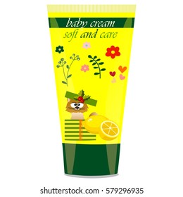 High quality original trendy vector Baby cream tube with kids design and cat, lemon illustration