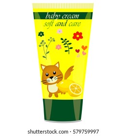 High quality original trendy vector Baby cream tube with kids design and cat illustration